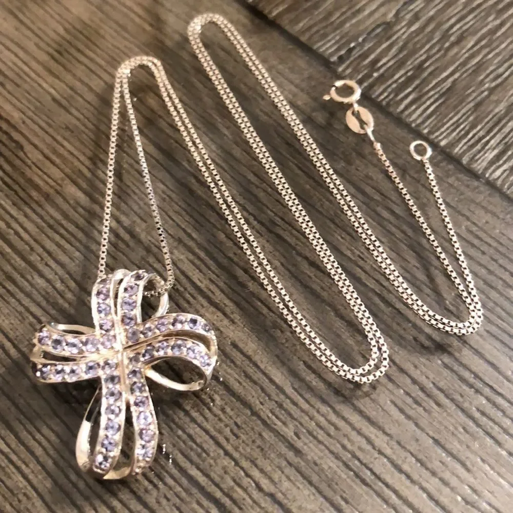 Vintage Loopy Bow Cross Necklace with Pale Purple Stones Sterling Silver